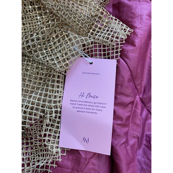 ALMOND MUSE ISABELLA Rhinestone Mesh Square Neck Maxi Dress Gold Ball Gown Sz S - Picture 9 of 11